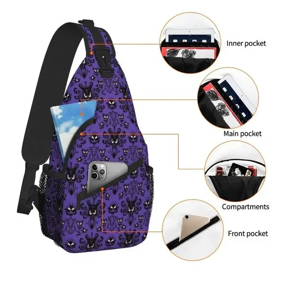 NEW! Haunted Mansion Purple Wallpaper Sling Bag Crossbody Foolish Mortal Disney - Picture 5 of 8